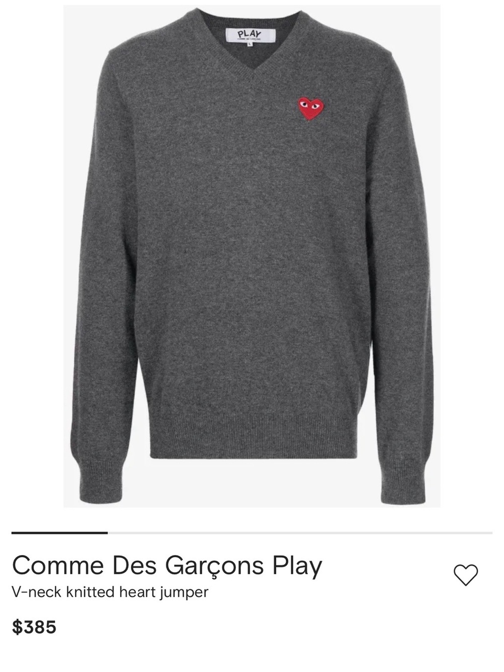 Comme des Garcons Charcoal V-Neck Sweater with Red Heart